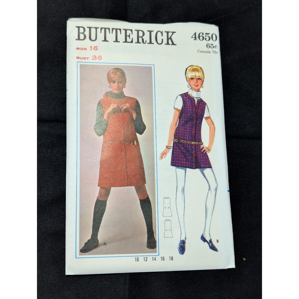 VTG 1960s Butterick 4650 Mod One-Piece Jumper Sewing Pattern Size 16 Bust 36